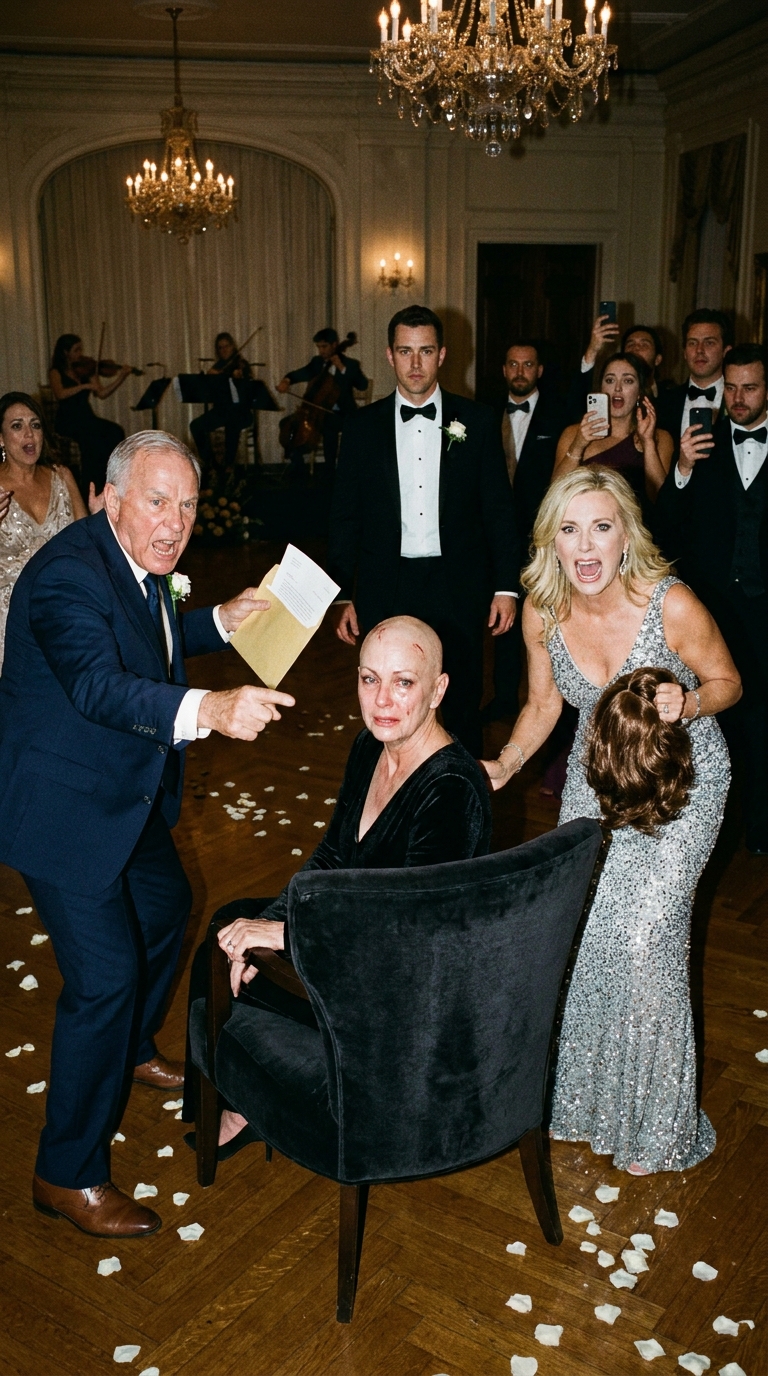My daughter-in-law ripped my wife’s wig off at my son’s wedding, revealing marks from months of treatment as some guests laughed. I stepped onto the stage, covered my wife with my jacket, and opened the wedding envelope… When she saw the documents inside, her smile suddenly…