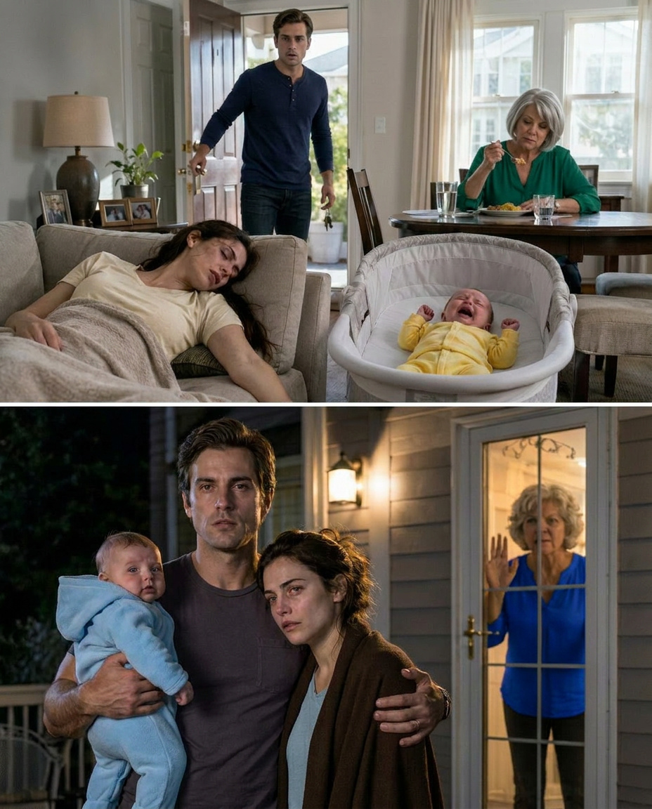 My wife was so exhausted she could barely stand, but my mother insisted on “helping” with the baby. I came home early and found my wife fainting on the sofa while my mother sat nearby, ignoring the baby’s frantic cries and eating a meal my wife had