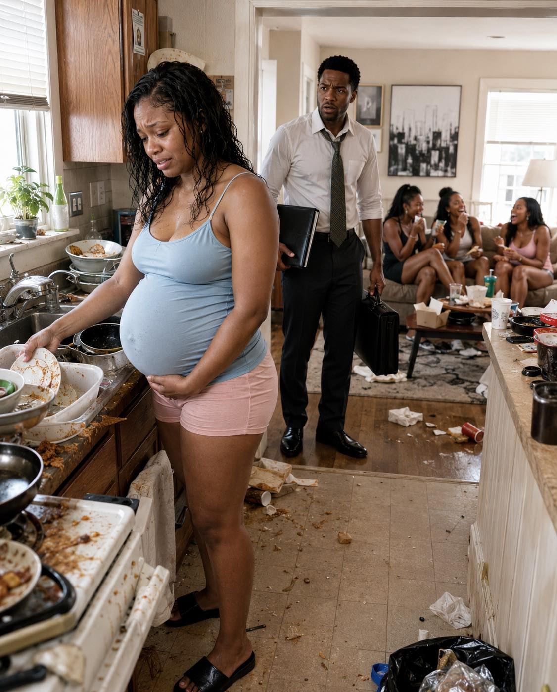 He came home at 10 P.M. and found his 8-MONTH PREGNANT WIFE WASHING DISHES ALONE while his family laughed in the living room … but after