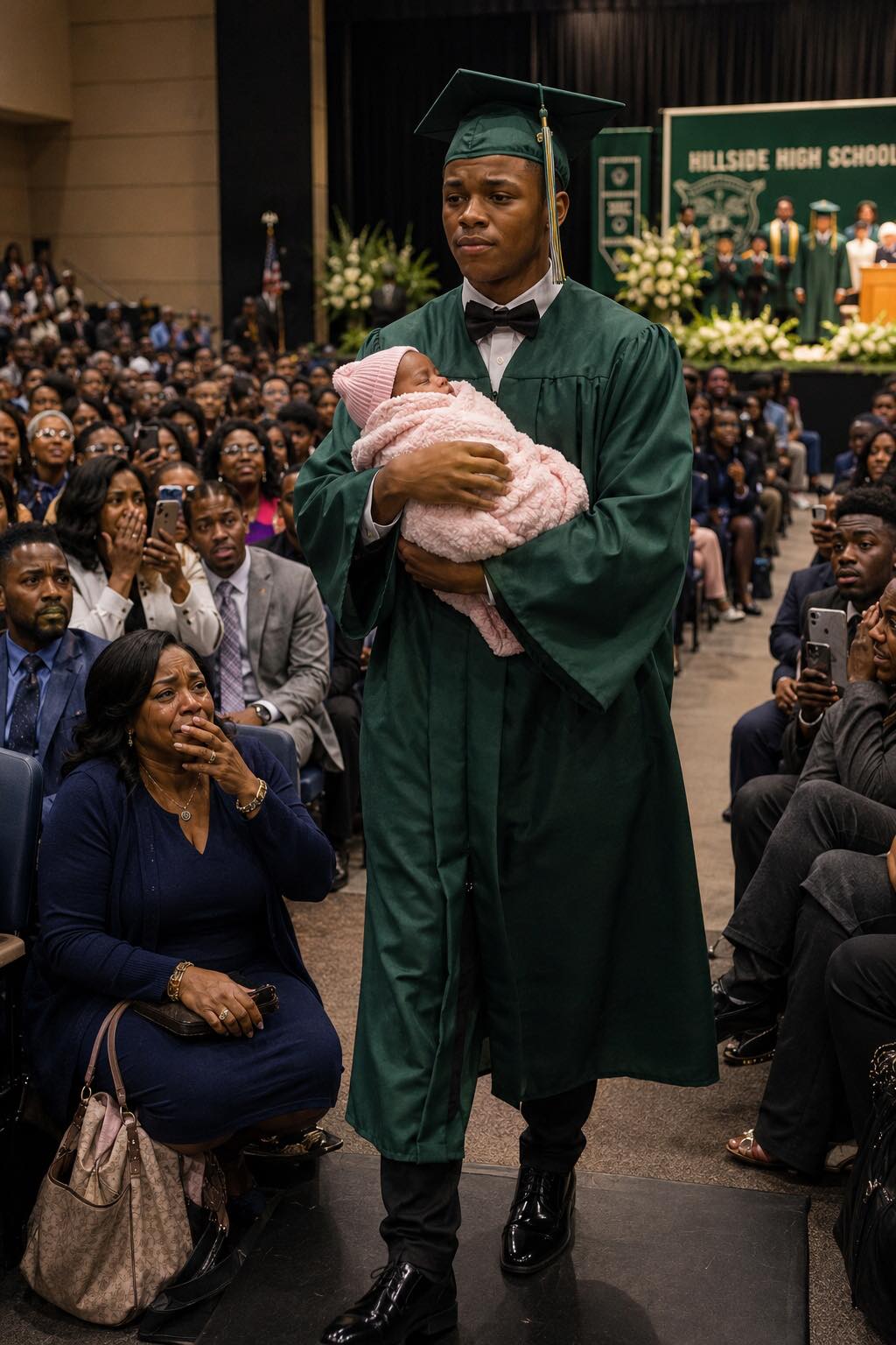 THEY STARTED WHISPERING THE MOMENT MY SON WALKED ONTO THE GRADUATION STAGE HOLDING A NEWBORN BABY IN HIS ARMS. Someone behind me even mu’ttered, “History repeats itself.” But then my son reached for the microphone… and what he said next left the entire auditorium too stu’nned to make another sound.