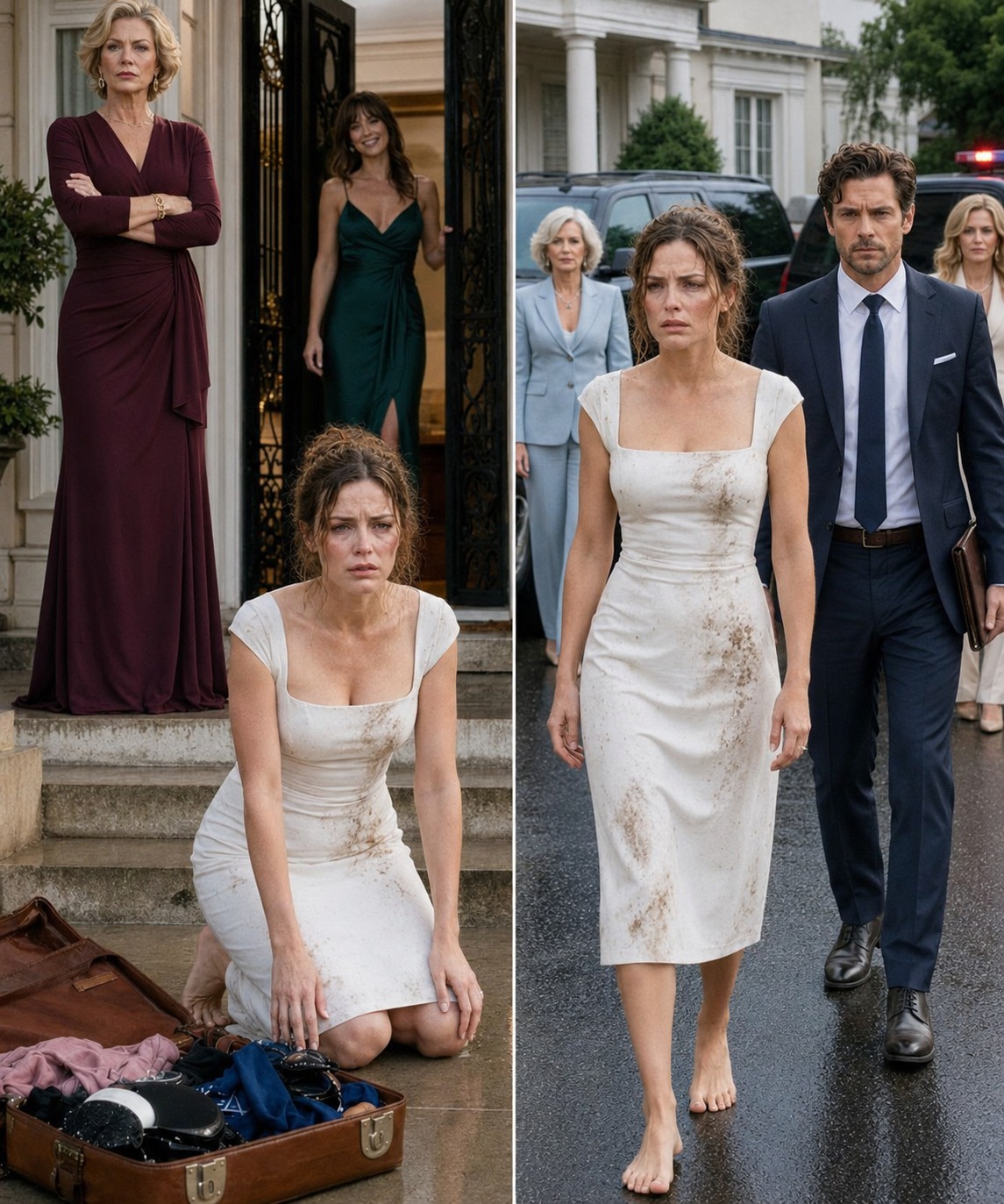 My mother pushed me into the freezing rain, and my sister threw my suitcase after me, sneering that I’d lost Dad’s estate by marrying a poor mechanic. But when three black SUVs arrived and my husband stepped out in a tailored suit, their confidence disappeared instantly.
