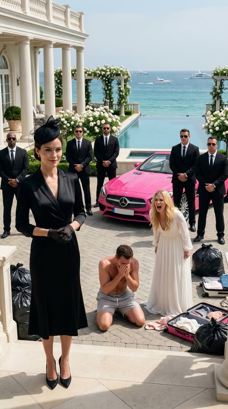 My husband changed the locks on our mansion while I was at my mother’s funeral, texting me: “You took too long to grieve. Pack your things from the porch.” When I arrived, my clothes were stuffed into garbage bags next to his new girlfriend’s luxury car. I didn’t shed a tear. I simply called the private security firm that guarded the entire gated community—a firm owned by my father. As the security team began towing his girlfriend’s car and blacklisting his access cards to the estate, my husband ran out in a panic. I looked him dead in the eye and said, “You have five minutes to leave my property.”