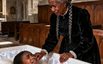 I opened the small white casket to say goodbye to my 6-year-old granddaughter. But her chest moved. Her eyes opened in pure terror. I gasped in horror when I saw her tiny wrists pinned to the satin lining with metal handcuffs. “Grandma… I was good. I didn’t say anything,” she whispered, her body burning with fever. I frantically unlocked her. She clung to me in silence. “Don’t let Daddy know I woke up. He said he’d bury me if I made noise,” she cried. Suddenly, the front door opened, her face went deadly pale.