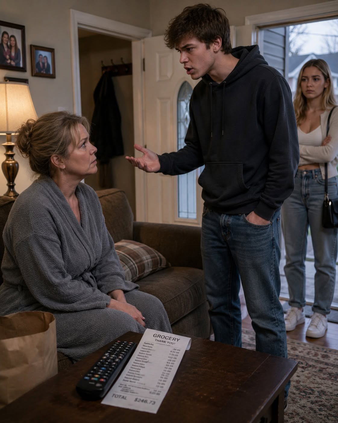 My eighteen-year-old son walked into my living room with a girl behind him and told me that because he paid 0 a month, he could bring whoever he wanted into my house. I was sitting on the couch in my gray housecoat, still tired from work, while the grocery receipt under the TV remote showed more than his whole “rent” had cost me before dinner was even cooked. That was when I realized this argument was not really about money—it was about whether my own child thought I had become easy to overrule.