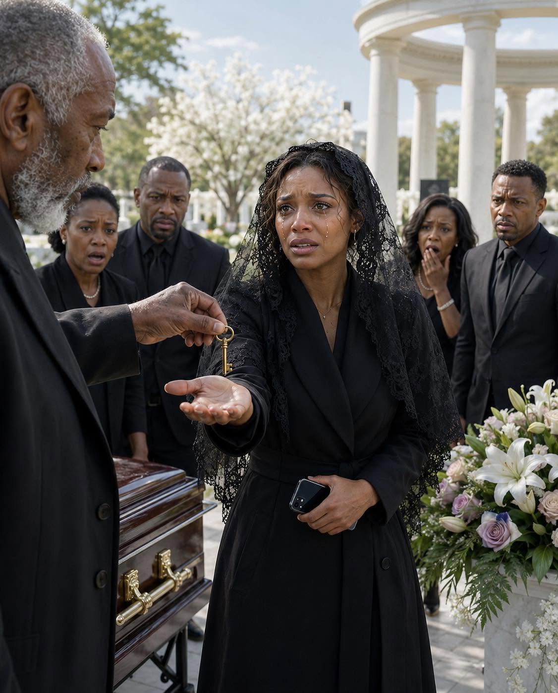 At my mother’s funeral, the gravedigger quietly pulled me aside and said, “Ma’am, your mom paid me to bury an empty coffin.” I told him to stop playing games. Then he slipped a key into my hand, whispered, “Don’t go home. Go to Unit 16 right now,” and my phone lit up with a message from my mother: “Come home alone.”