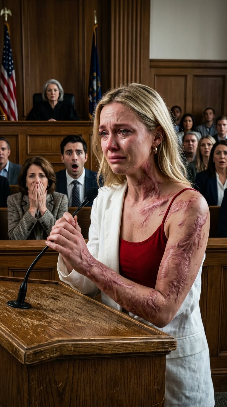 At our divorce hearing, my husband presented fake psych reports to steal my assets. “You’ll be starving on the street,” he laughed, holding his mistress’s hand. He thought I was just a broken, silent victim. I didn’t argue or cry. I calmly unbuttoned my silk blouse. When they saw what covering my chest and arms, the judge gasped. The entire courtroom went dead silent. “Your Honor,” I whispered, staring at my husband. “This is no longer a divorce hearing. It’s the trial of the darkest secret you believed would stay buried forever.” My husband’s smile turned into pure terror…