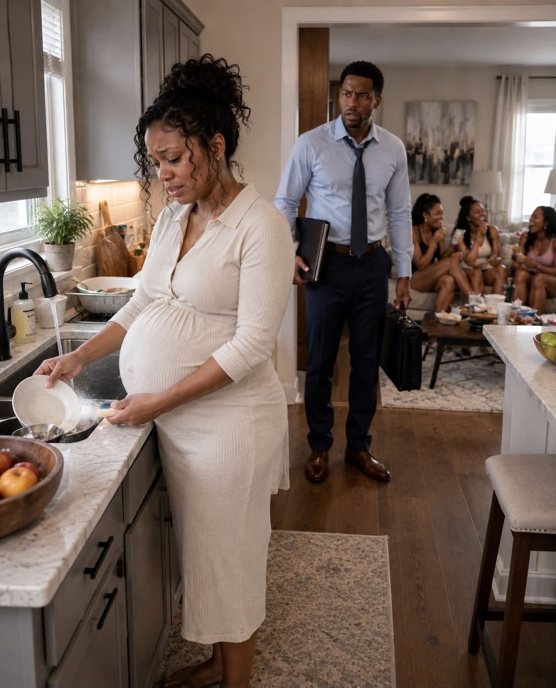 He came home at 10 P.M. and found his 8-MONTH PREGNANT WIFE WASHING DISHES ALONE while his family laughed in the living room … but after discovering they had THROWN AWAY HER MEDICATION, he looked at them and said, “Your comfortable life ends tonight”